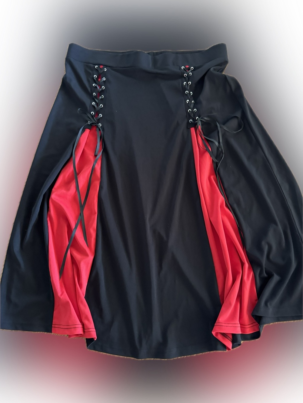 Black gothic lace-up colorblock maxi skirt red side inserts corset lacing waist